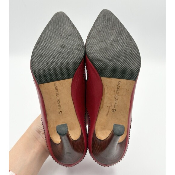 Manolo Blahnik Pink & Red Pointed Toe Heels Suede w/ Tie Accent Vintage Sz EU 37 - Picture 11 of 13